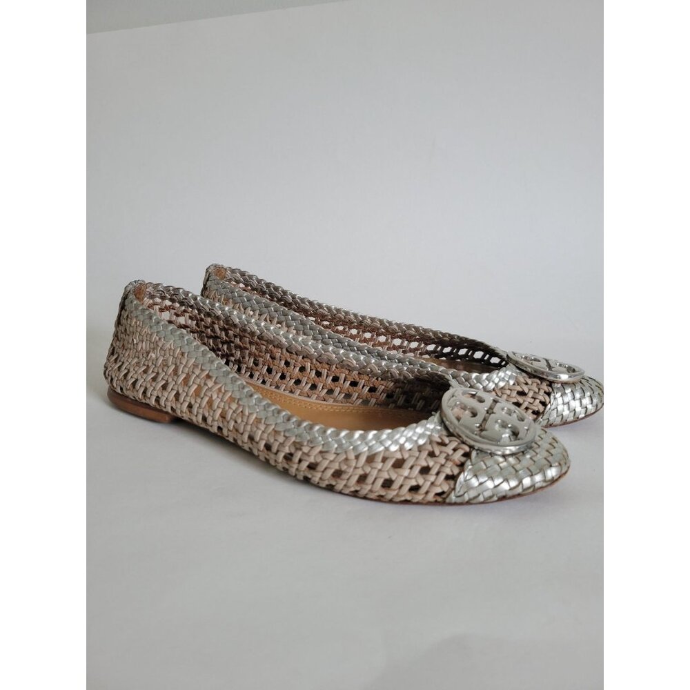 Tory Burch Logo Reva Scrunch Ballet Flat Woven Leather Beige Silver Slip On size - Picture 3 of 6